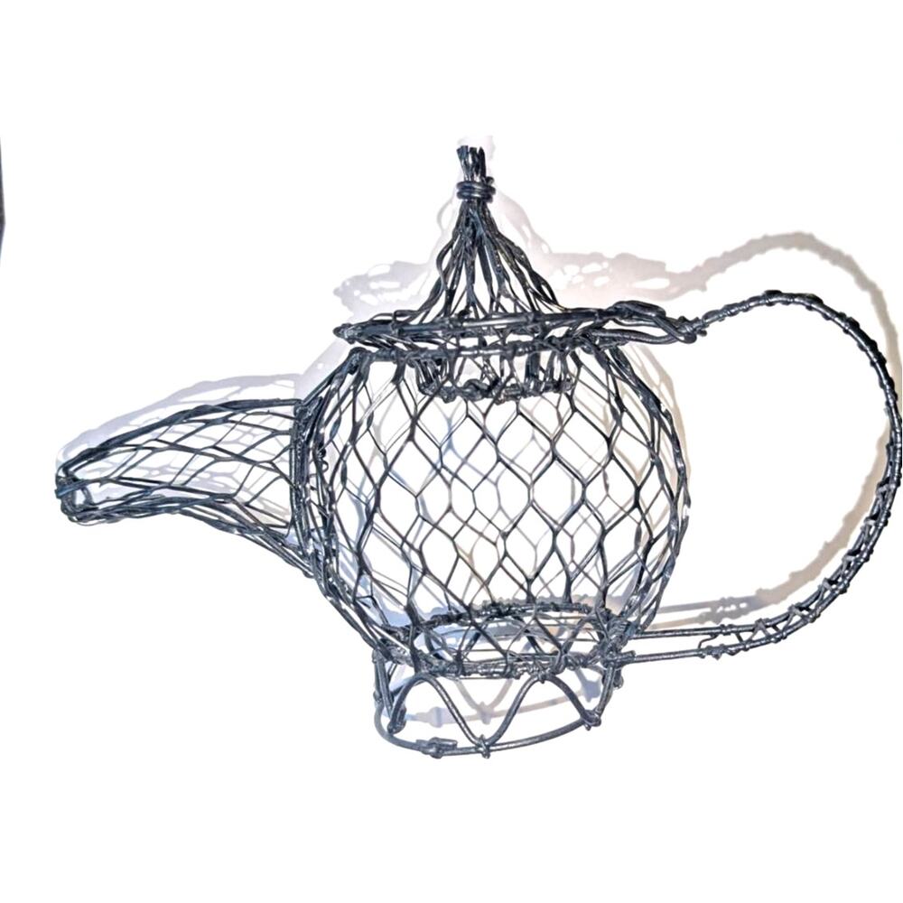 Vintage Chicken Wire Teapot Black With Moveable Lid 5.75 inches tall Primitive